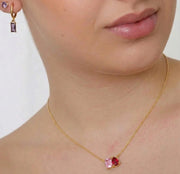 Ruby and tourmaline Toi Et Moi necklace in gold, pear cut ruby and emerald cut tourmaline pendant for women jewelry gift